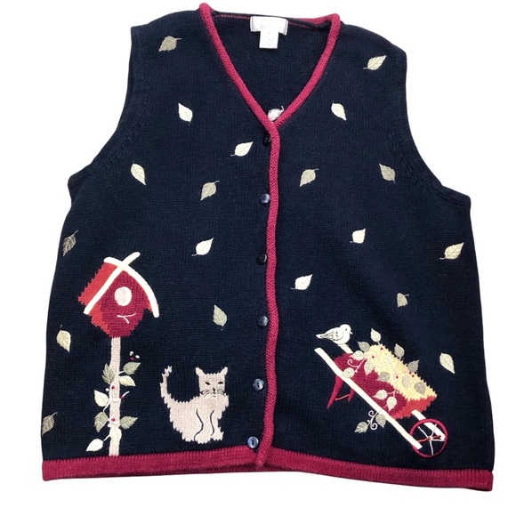 Vintage Y2K Ramie Cotton Embroidered Knit Vest Sz S Navy Wine Cat Bird Novelty - Picture 1 of 11